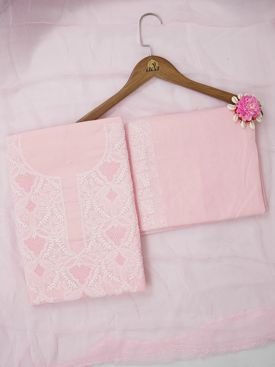 Ada Hand Embroidered Light Pink Chanderi Lucknowi Chikankari Unstitched Kurta Dupatta Set 01A661824