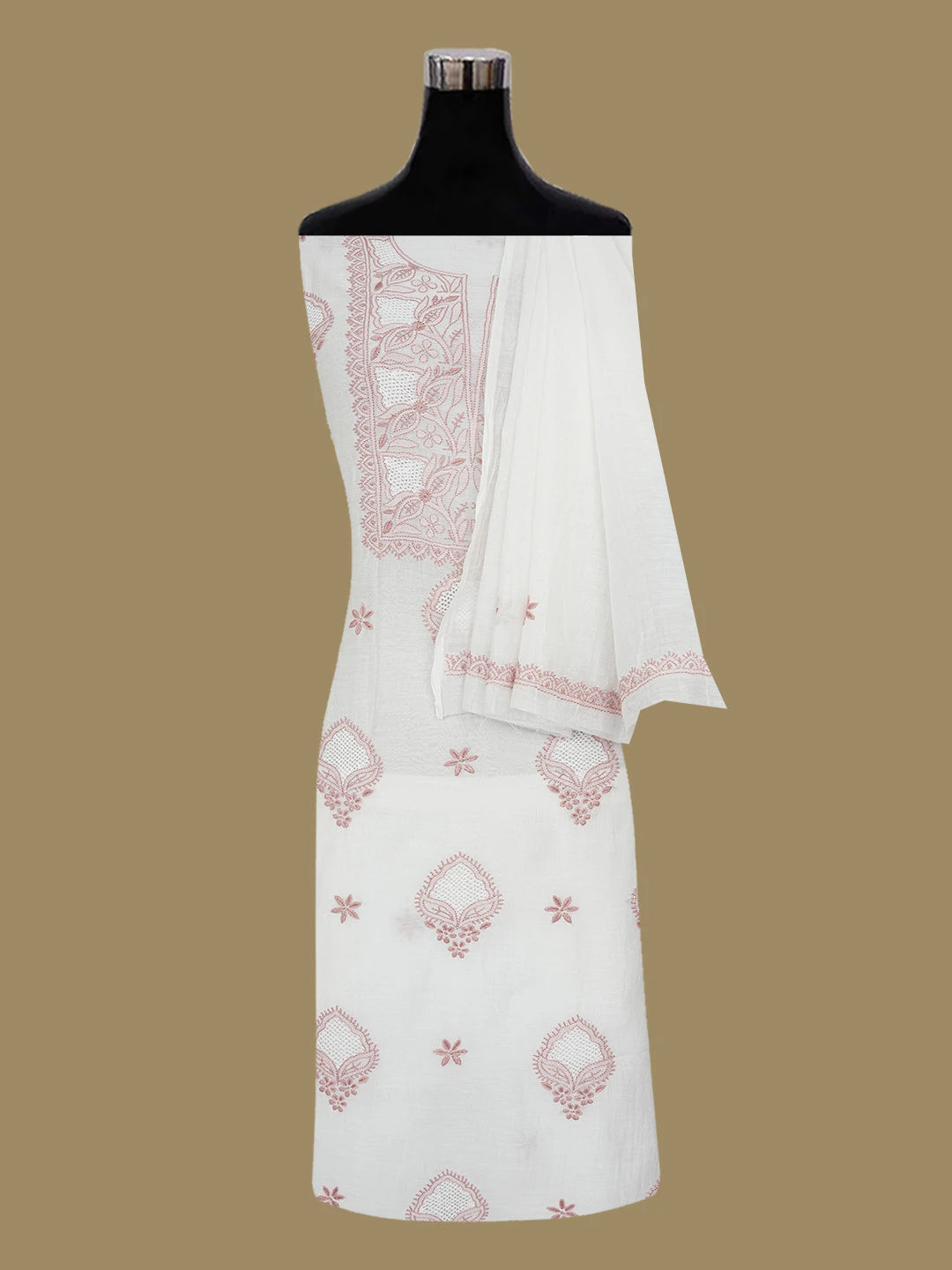 Ada Hand Embroidered White Chanderi Lucknowi Chikankari Unstitched Kurta Dupatta Set 01A661348