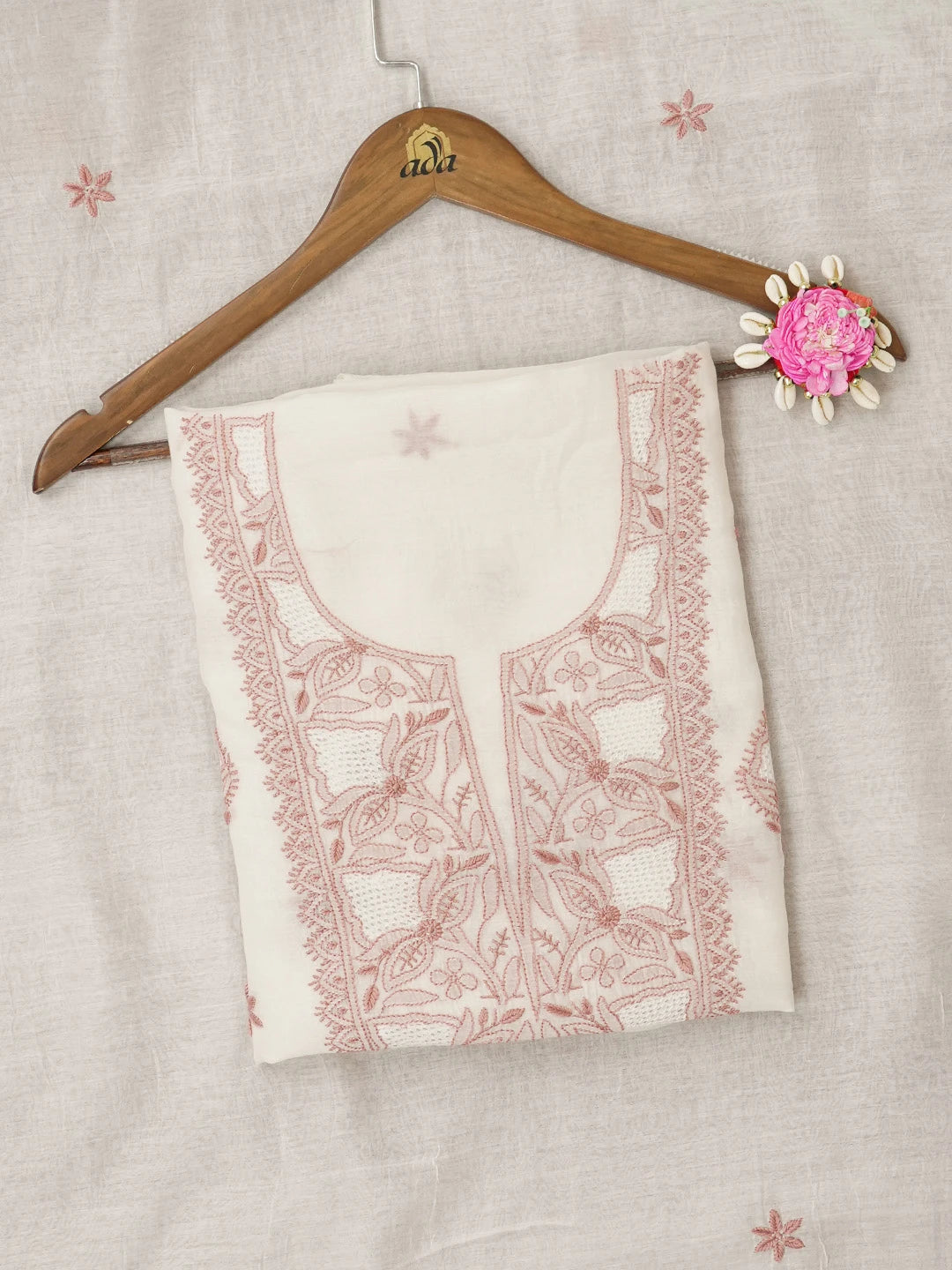 Ada Hand Embroidered White Chanderi Lucknowi Chikankari Unstitched Kurta Dupatta Set 01A661348