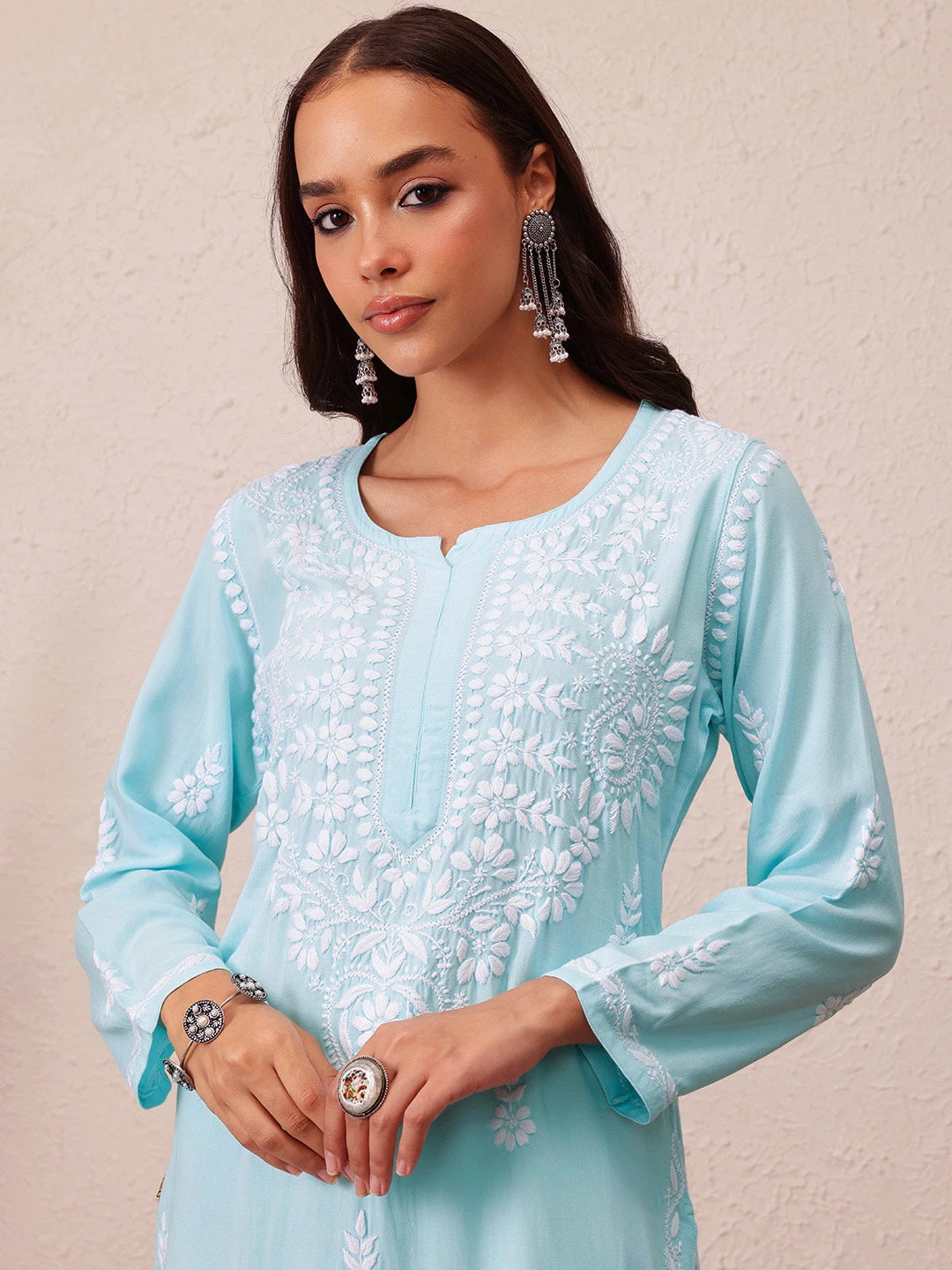Ada Hand Embroidered Sky Blue Rayon Lucknowi Chikankari Straight Kurta A411490