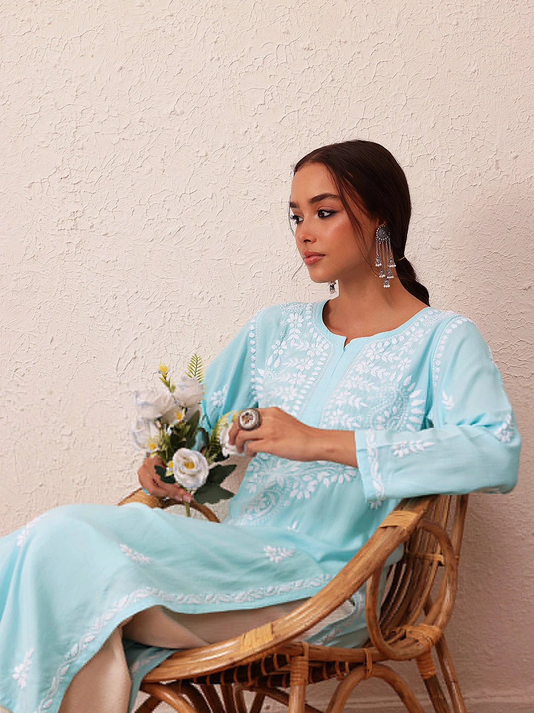 Ada Hand Embroidered Sky Blue Rayon Lucknowi Chikankari Straight Kurta A411490