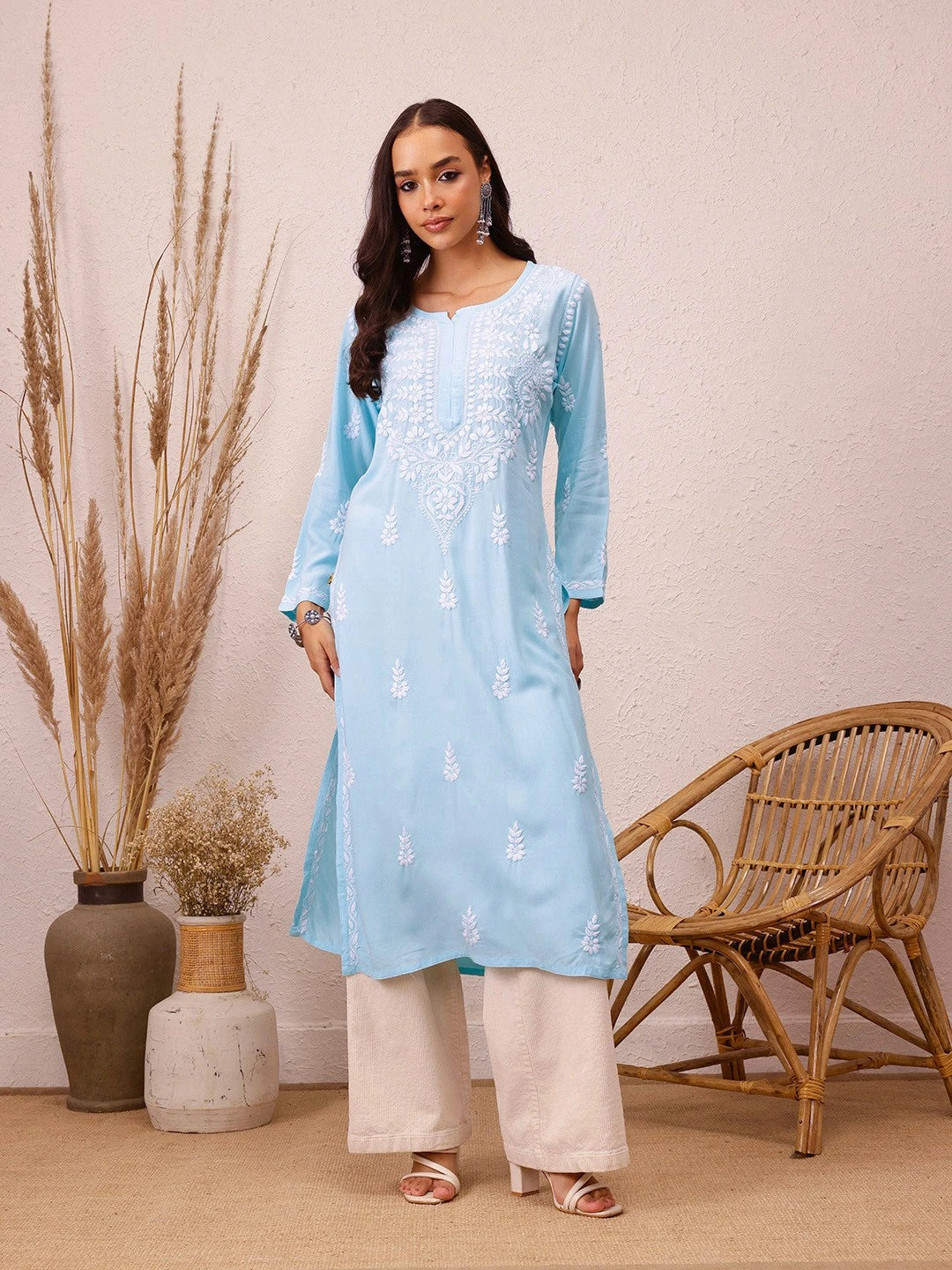 Ada Hand Embroidered Sky Blue Rayon Lucknowi Chikankari Straight Kurta A411490