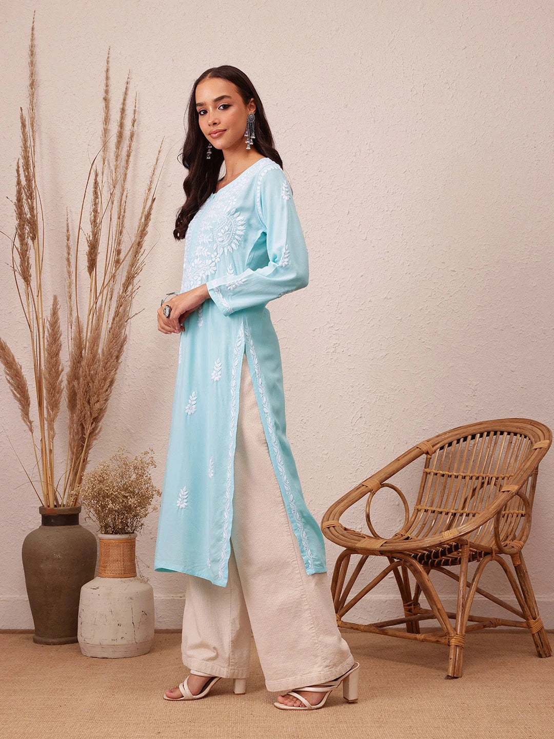Ada Hand Embroidered Sky Blue Rayon Lucknowi Chikankari Straight Kurta A411490