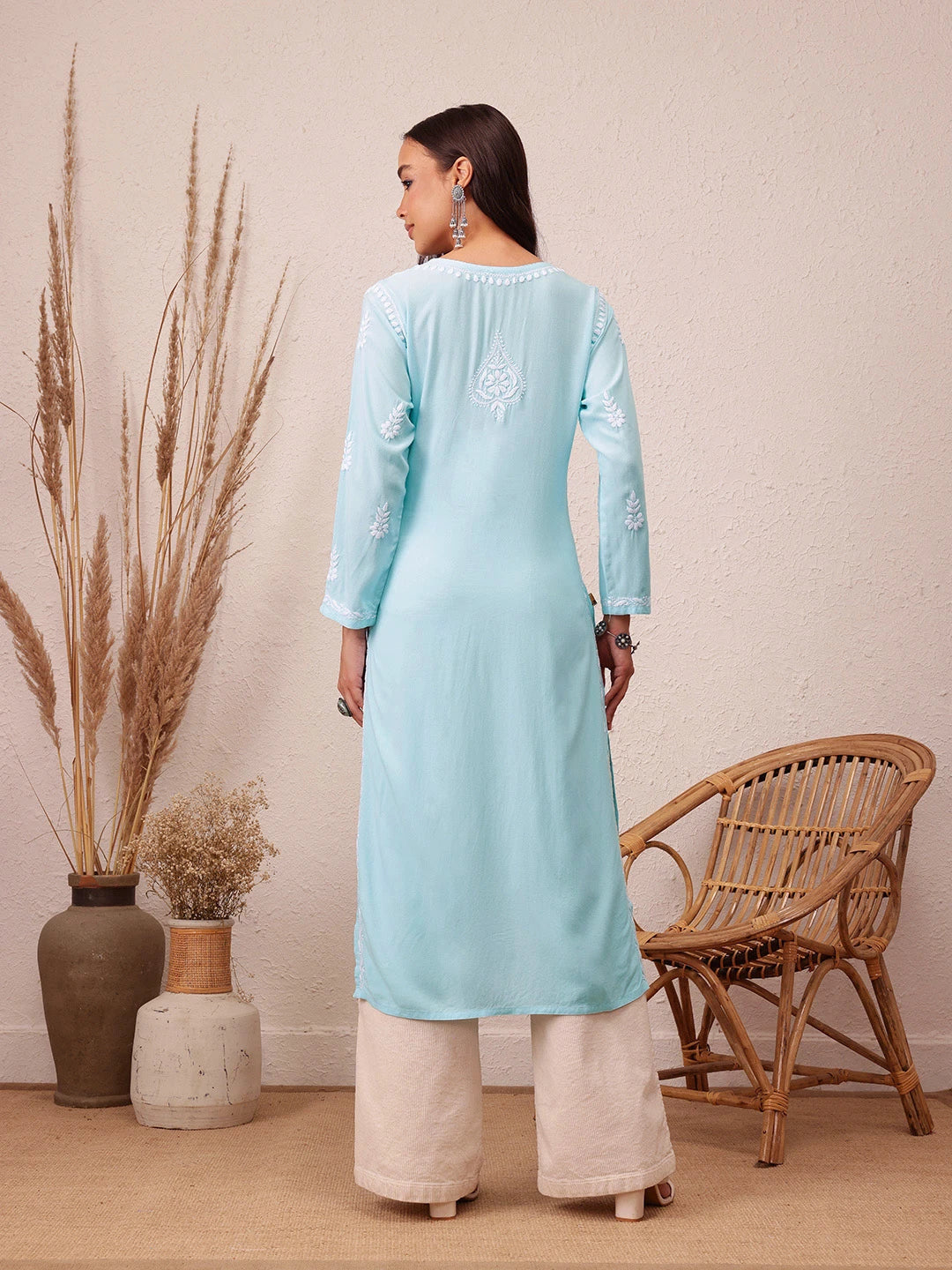 Ada Hand Embroidered Sky Blue Rayon Lucknowi Chikankari Straight Kurta A411490