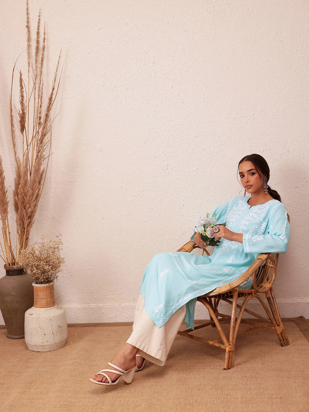 Ada Hand Embroidered Sky Blue Rayon Lucknowi Chikankari Straight Kurta A411490