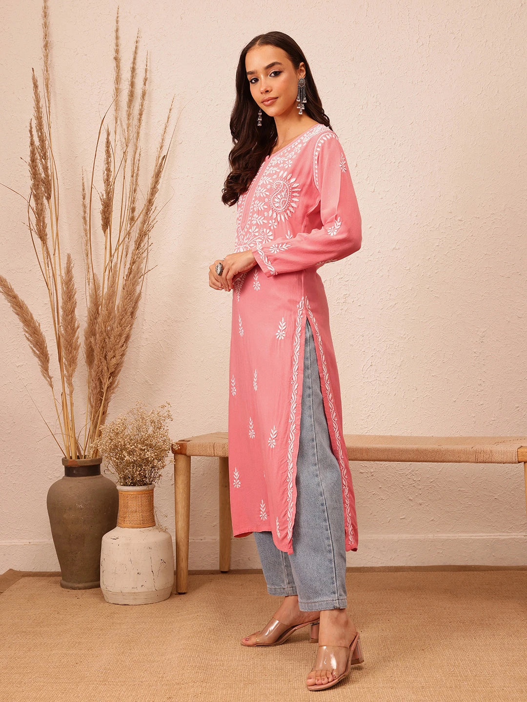 Ada Hand Embroidered Peach Rayon Lucknowi Chikankari Straight Kurta A411494
