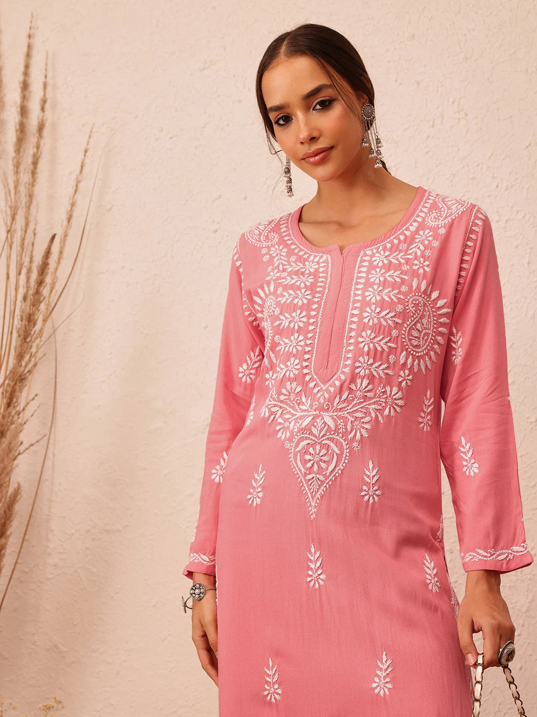 Ada Hand Embroidered Peach Rayon Lucknowi Chikankari Straight Kurta A411494