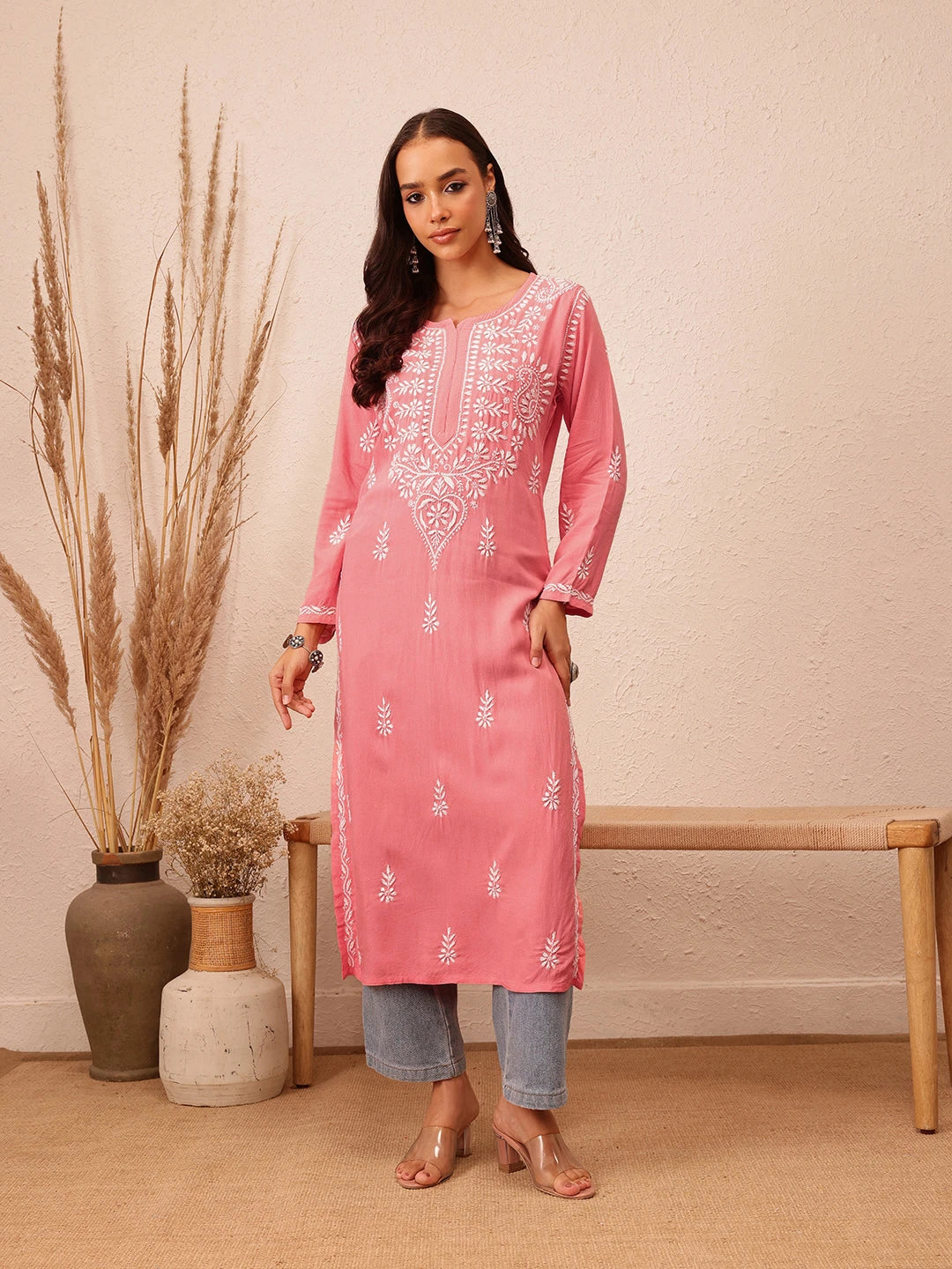 Ada Hand Embroidered Peach Rayon Lucknowi Chikankari Straight Kurta A411494
