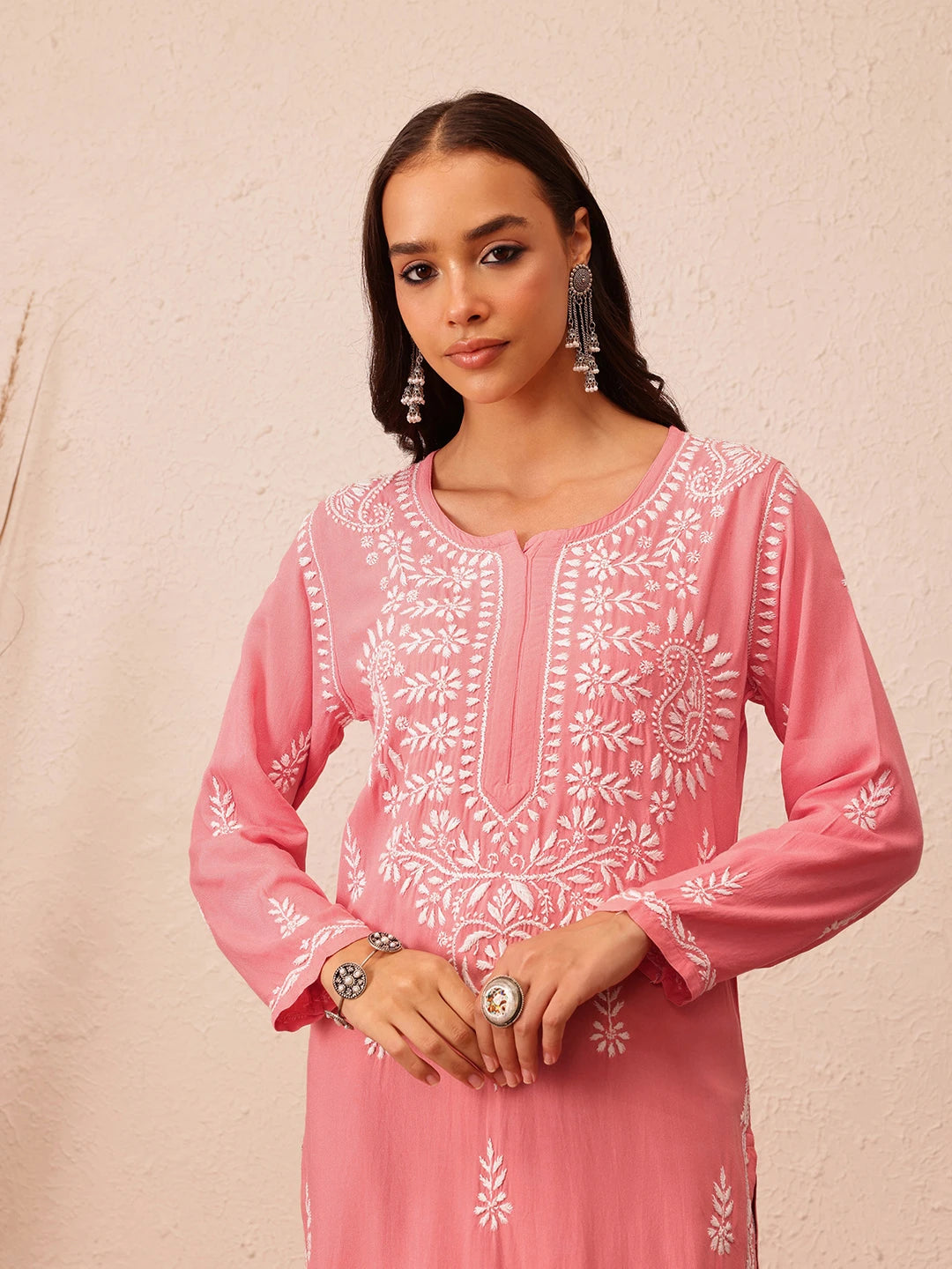 Ada Hand Embroidered Peach Rayon Lucknowi Chikankari Straight Kurta A411494