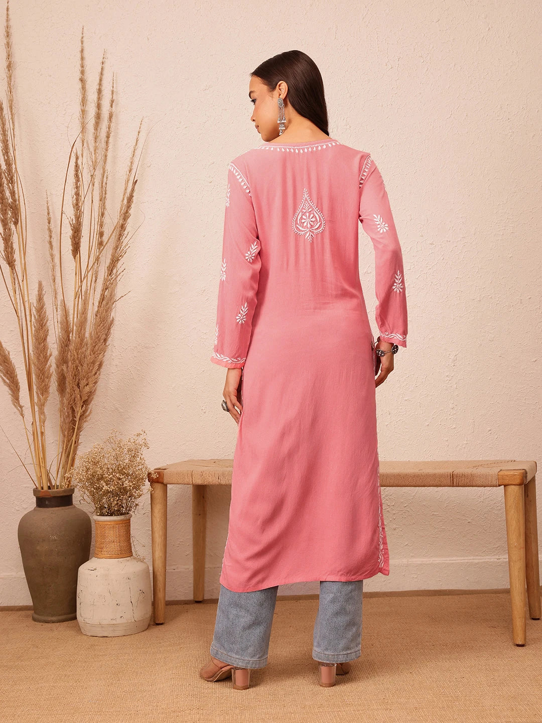 Ada Hand Embroidered Peach Rayon Lucknowi Chikankari Straight Kurta A411494