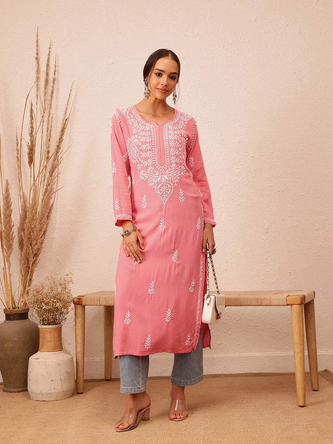 Ada Hand Embroidered Peach Rayon Lucknowi Chikankari Straight Kurta A411494