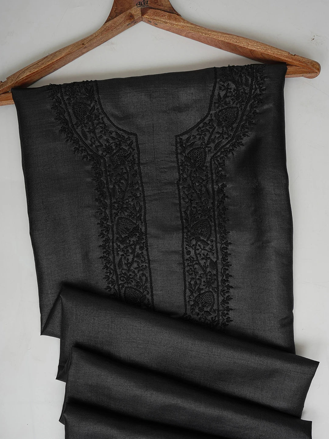 Ada Hand Embroidered Black Silk Lucknowi Chikankari Men's Kurta Piece 01A658729
