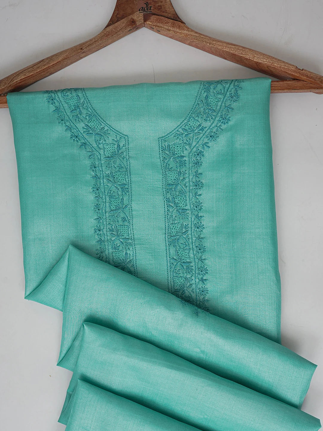 Ada Hand Embroidered Ice Blue Silk Lucknowi Chikankari Men's Kurta Piece 01A658749