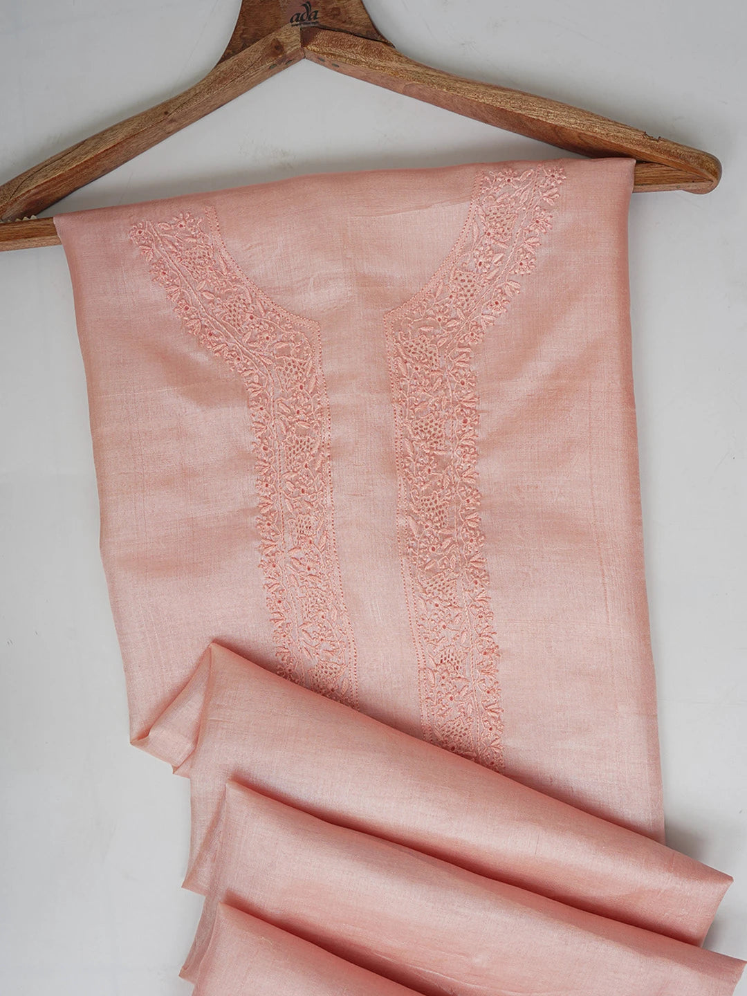 Ada Hand Embroidered Candlelight Peach Silk Lucknowi Chikankari Men's Kurta Piece 01A658741