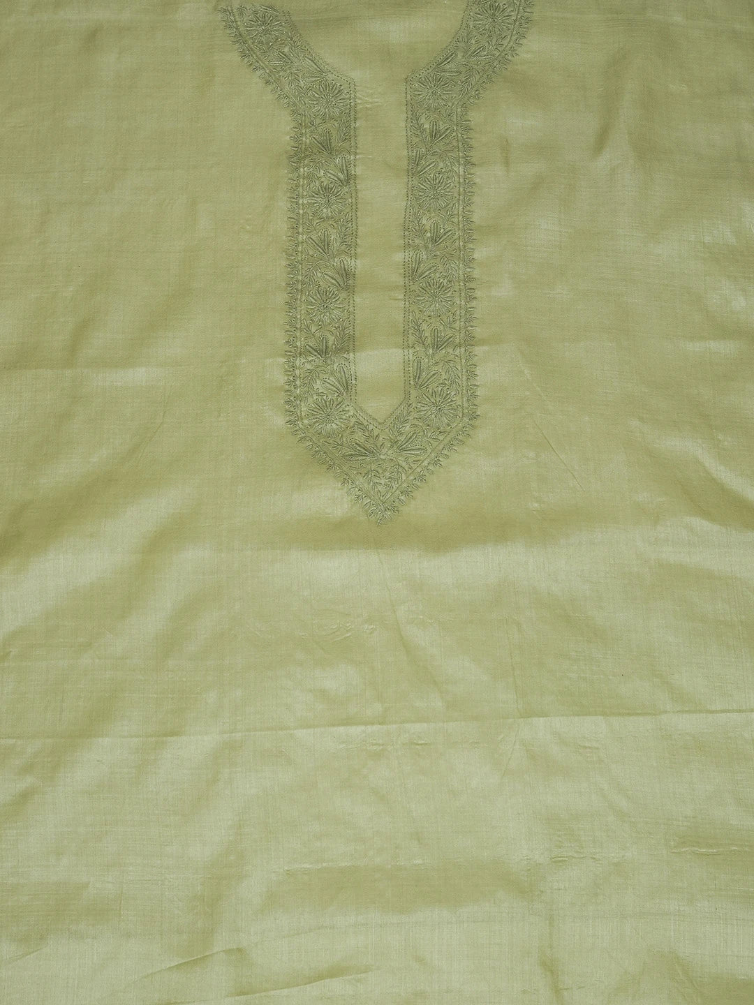 Ada Hand Embroidered Pistachio Green Silk Lucknowi Chikankari Men's Kurta Piece 01A658795