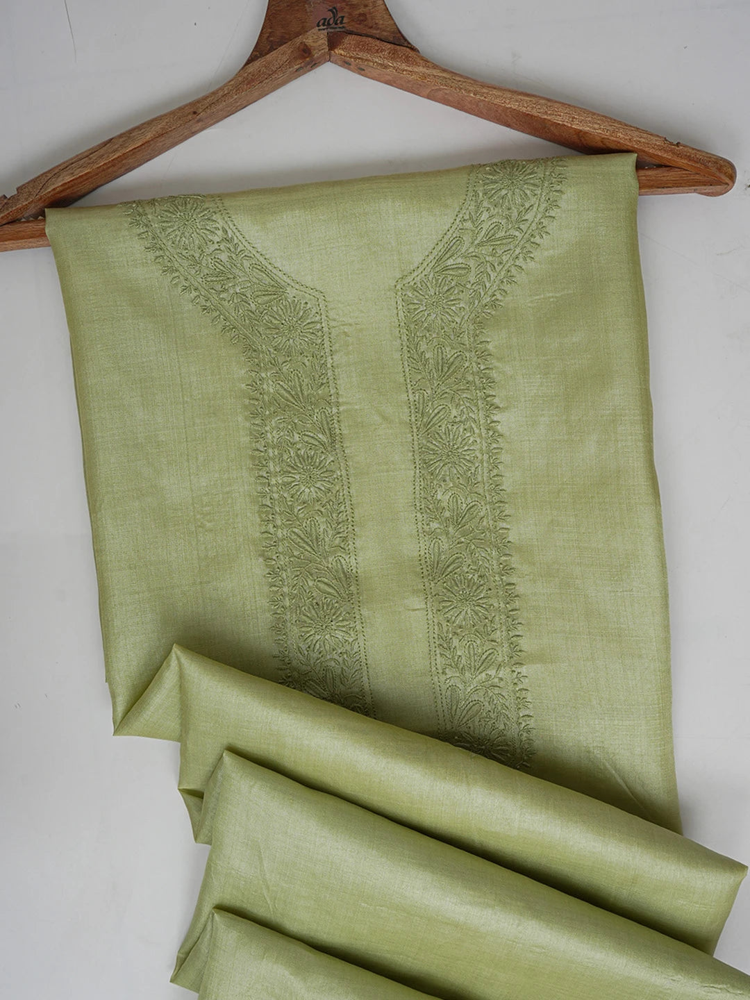 Ada Hand Embroidered Pistachio Green Silk Lucknowi Chikankari Men's Kurta Piece 01A658795