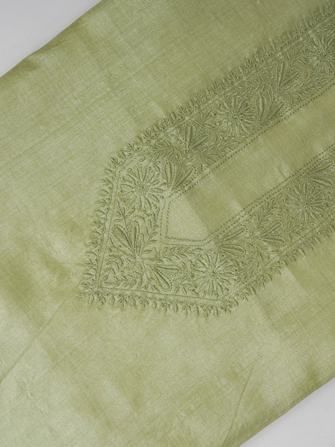 Ada Hand Embroidered Pistachio Green Silk Lucknowi Chikankari Men's Kurta Piece 01A658795