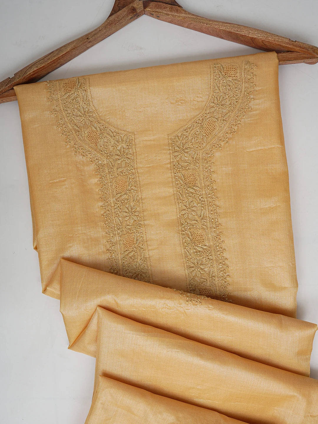 Ada Hand Embroidered Fawn Silk Lucknowi Chikankari Men's Kurta Piece 01A658804