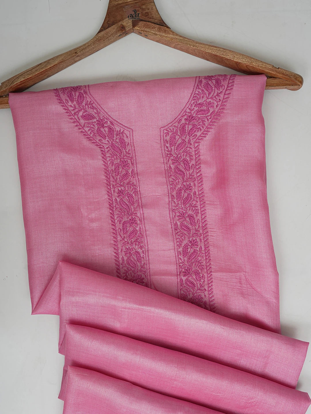 Ada Hand Embroidered Onion Pink Silk Lucknowi Chikankari Men's Kurta Piece 01A658738