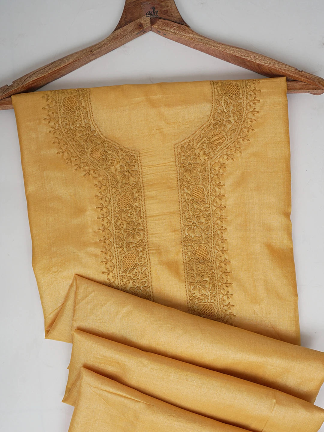 Ada Hand Embroidered Mustard Silk Lucknowi Chikankari Men's Kurta Piece 01A658773