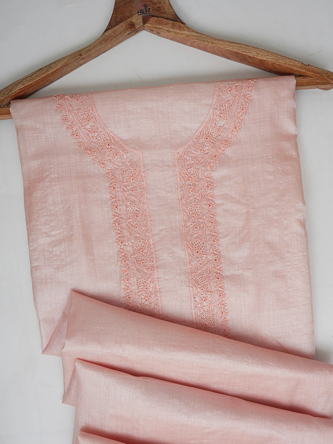 Ada Hand Embroidered Peach Silk Lucknowi Chikankari Men's Kurta Piece 01A658740