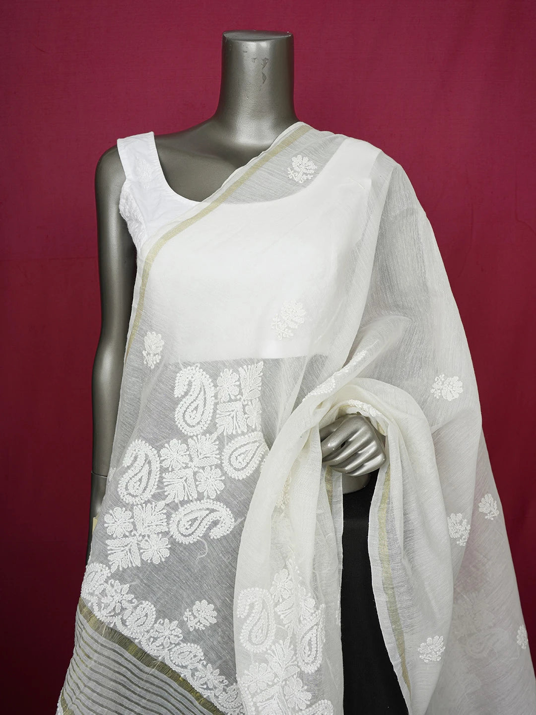 Ada Hand Embroidered White Chanderi Lucknowi Chikankari Dupatta With Zari Work 01A663143