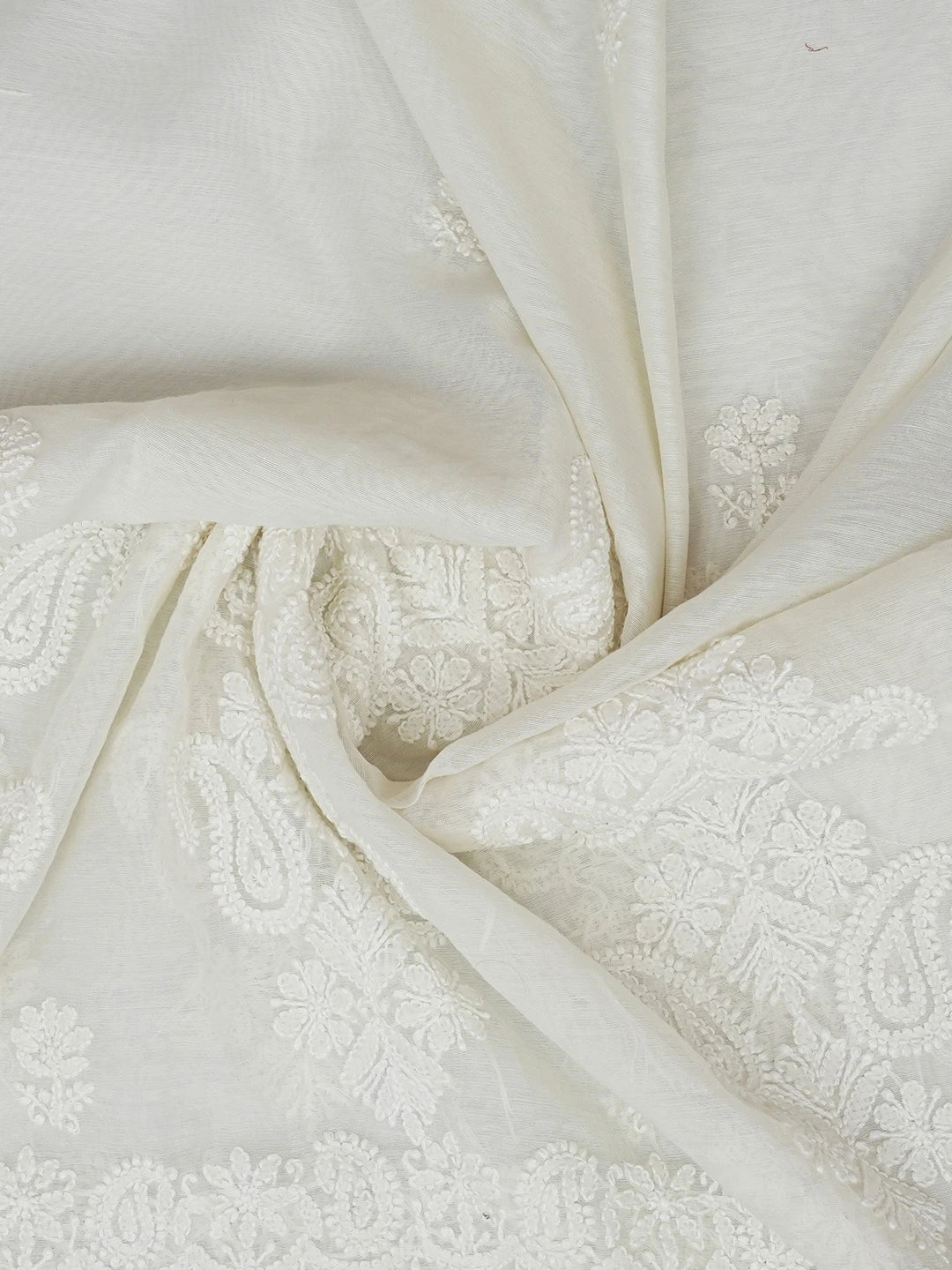 Ada Hand Embroidered White Chanderi Lucknowi Chikankari Dupatta With Zari Work 01A663143