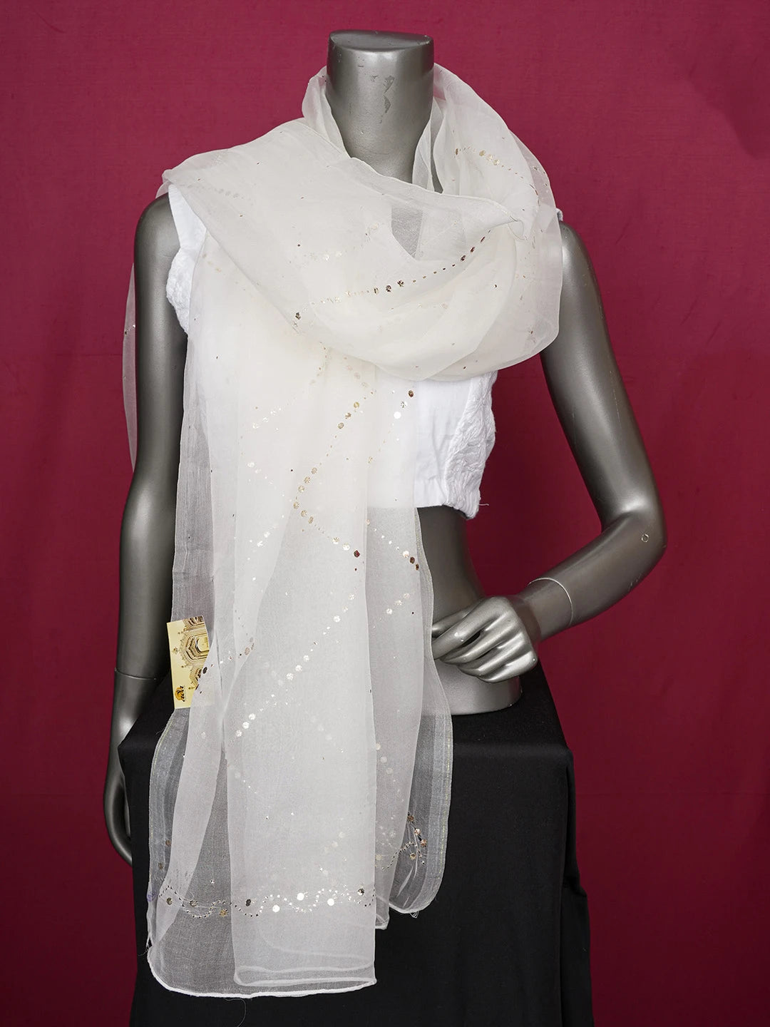 Ada Hand Embroidered White Organza Lucknowi Chikankari Dupatta With Mukaish Work 01A595790