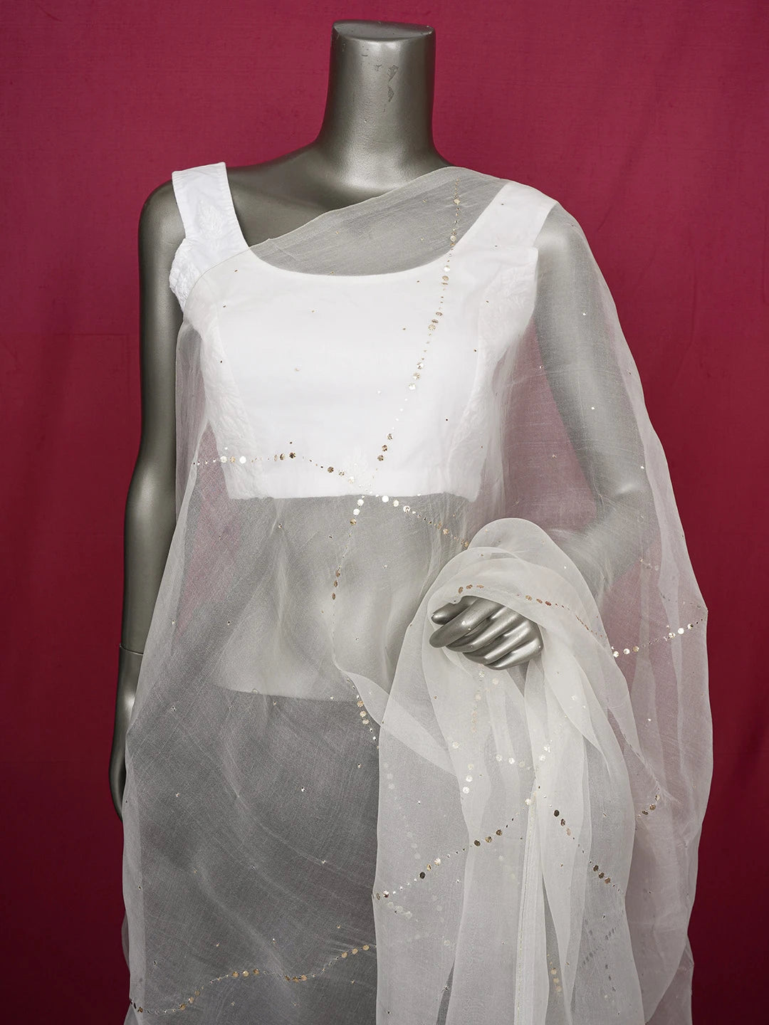 Ada Hand Embroidered White Organza Lucknowi Chikankari Dupatta With Mukaish Work 01A595790