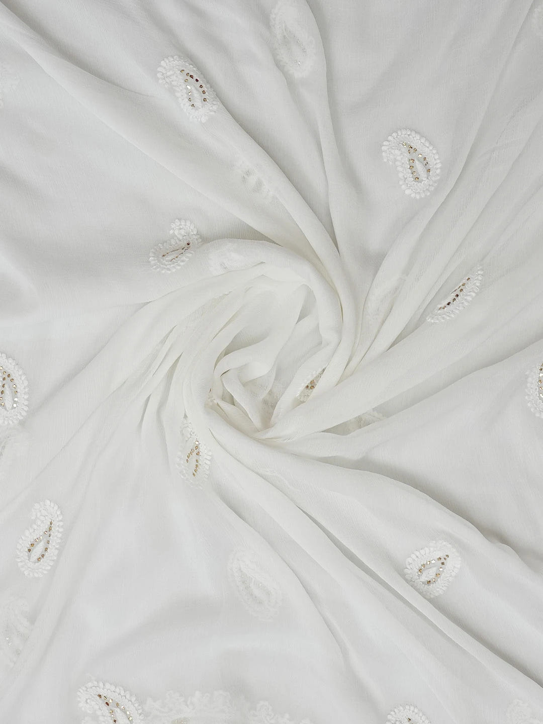 Ada Hand Embroidered White Chiffon Lucknowi Chikankari Dupatta With Muqaish Work 01A527471