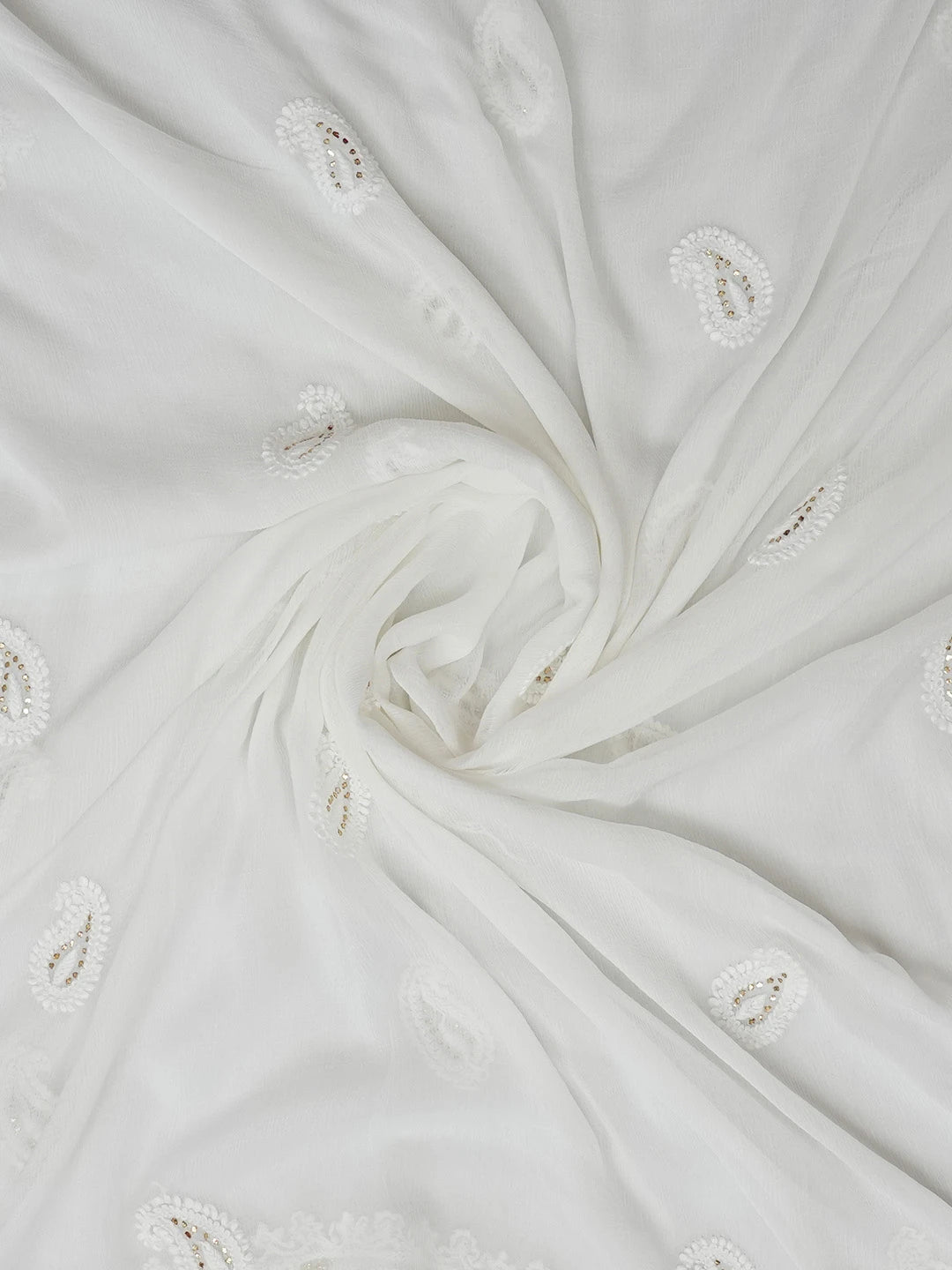 Ada Hand Embroidered White Chiffon Lucknowi Chikankari Dupatta With Muqaish Work 01A527471