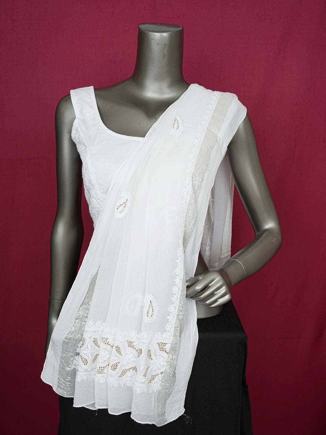 Ada Hand Embroidered White Chiffon Lucknowi Chikankari Dupatta With Muqaish Work 01A527471