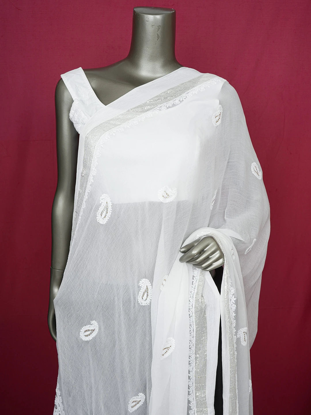 Ada Hand Embroidered White Chiffon Lucknowi Chikankari Dupatta With Muqaish Work 01A527471