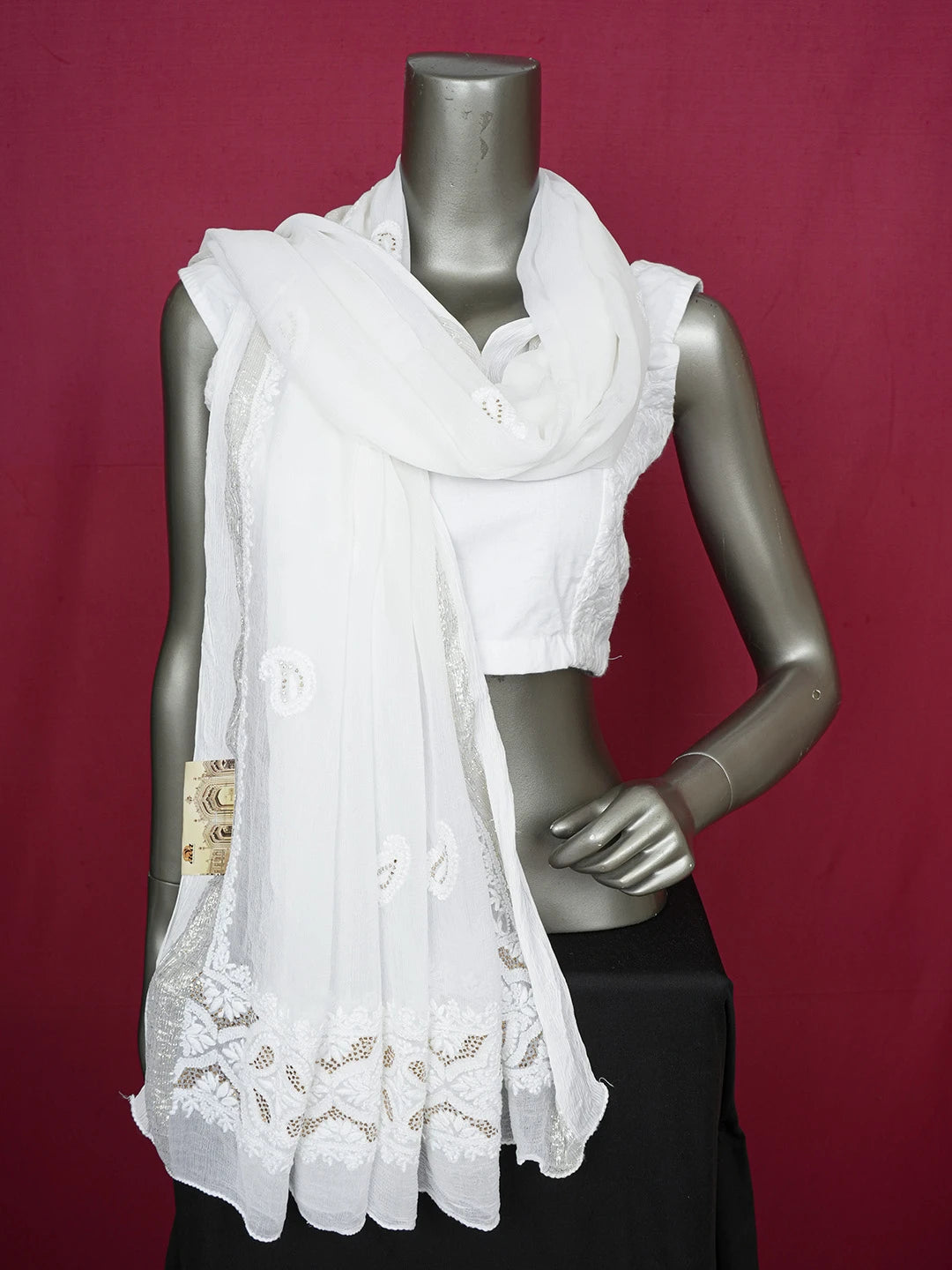Ada Hand Embroidered White Chiffon Lucknowi Chikankari Dupatta With Muqaish Work 01A527471