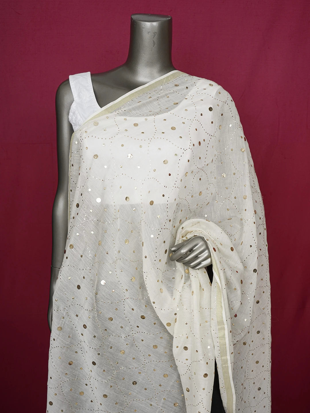 Ada Hand Embroidered Ivory White Chanderi Lucknowi Chikankari Dupatta With Muqaish & Zari Work 01A440702