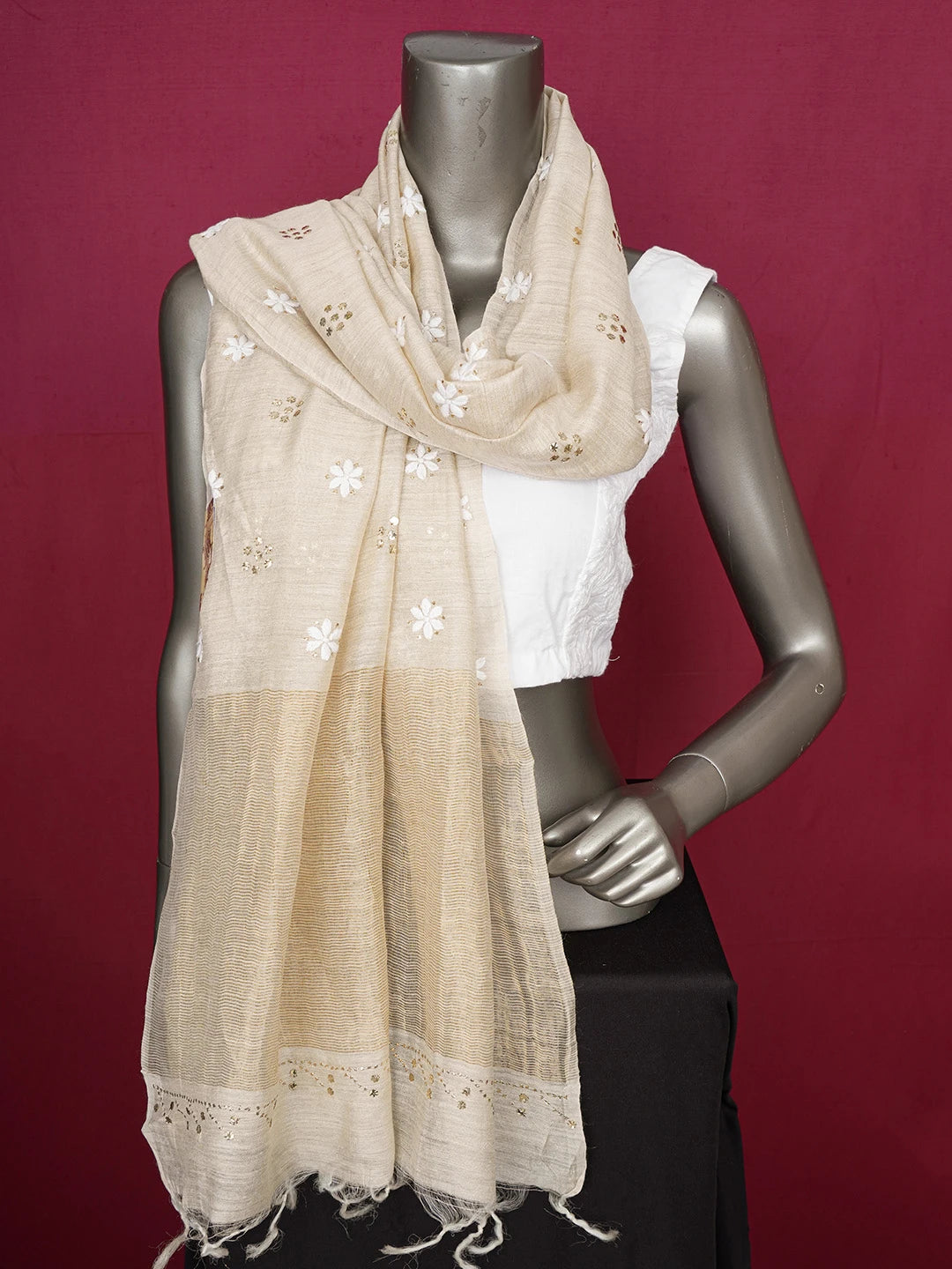 Ada Hand Embroidered Fawn Moonga Silk Lucknowi Chikankari Dupatta With Muqaish Work 01A654095