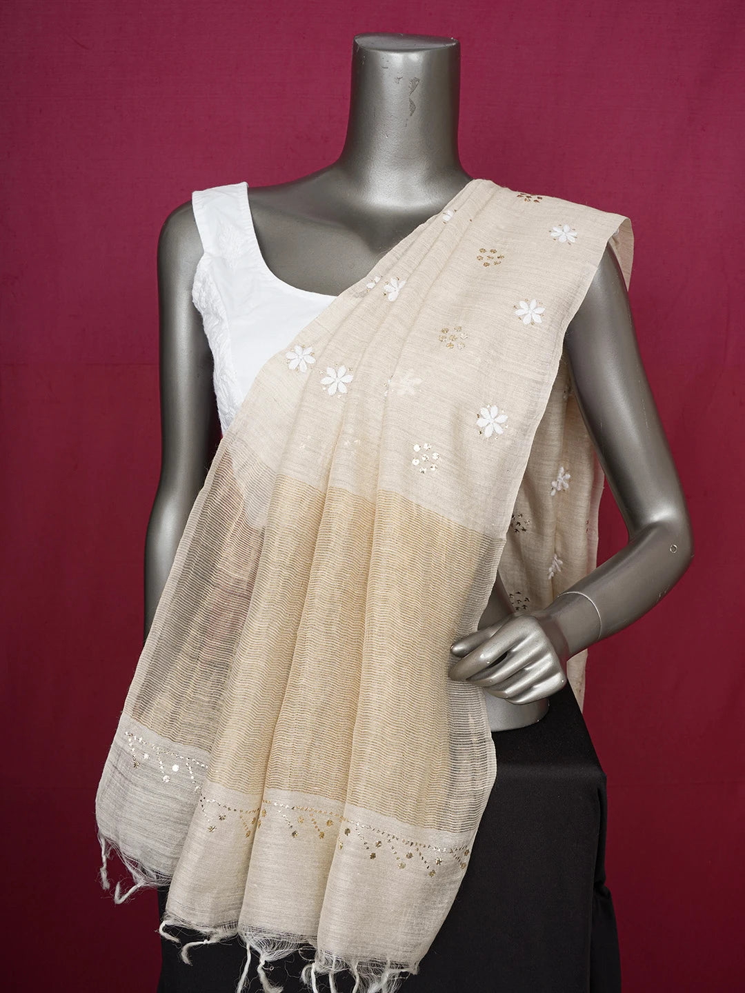 Ada Hand Embroidered Fawn Moonga Silk Lucknowi Chikankari Dupatta With Muqaish Work 01A654095