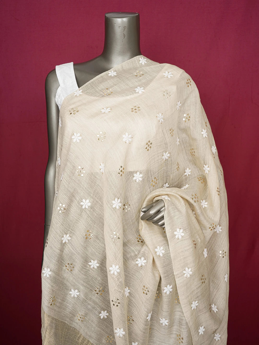 Ada Hand Embroidered Fawn Moonga Silk Lucknowi Chikankari Dupatta With Muqaish Work 01A654095