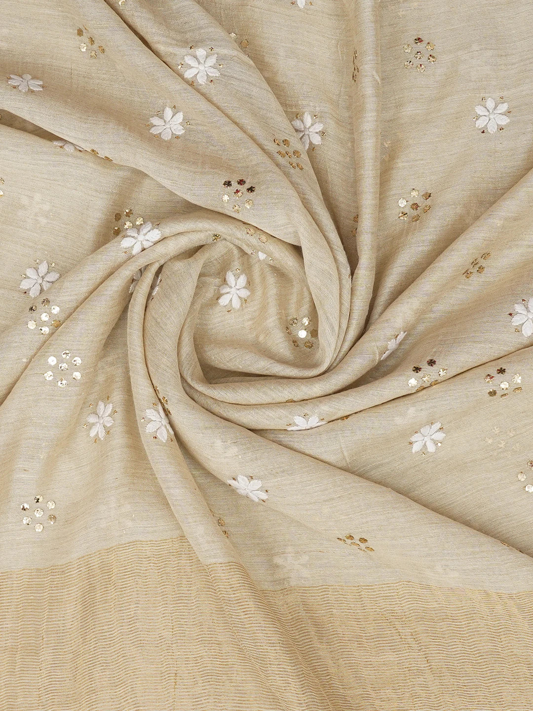 Ada Hand Embroidered Fawn Moonga Silk Lucknowi Chikankari Dupatta With Muqaish Work 01A654095