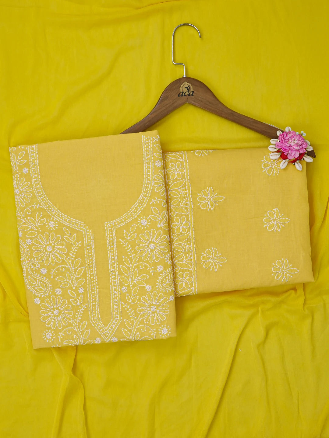 Ada Hand Embroidered Yellow Cotton Lucknowi Chikankari Unstitched Suit Piece 01A657317