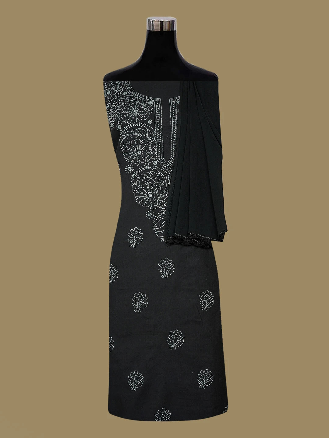 Ada Hand Embroidered Black Cotton Lucknowi Chikankari Unstitched Suit Piece 01A657310