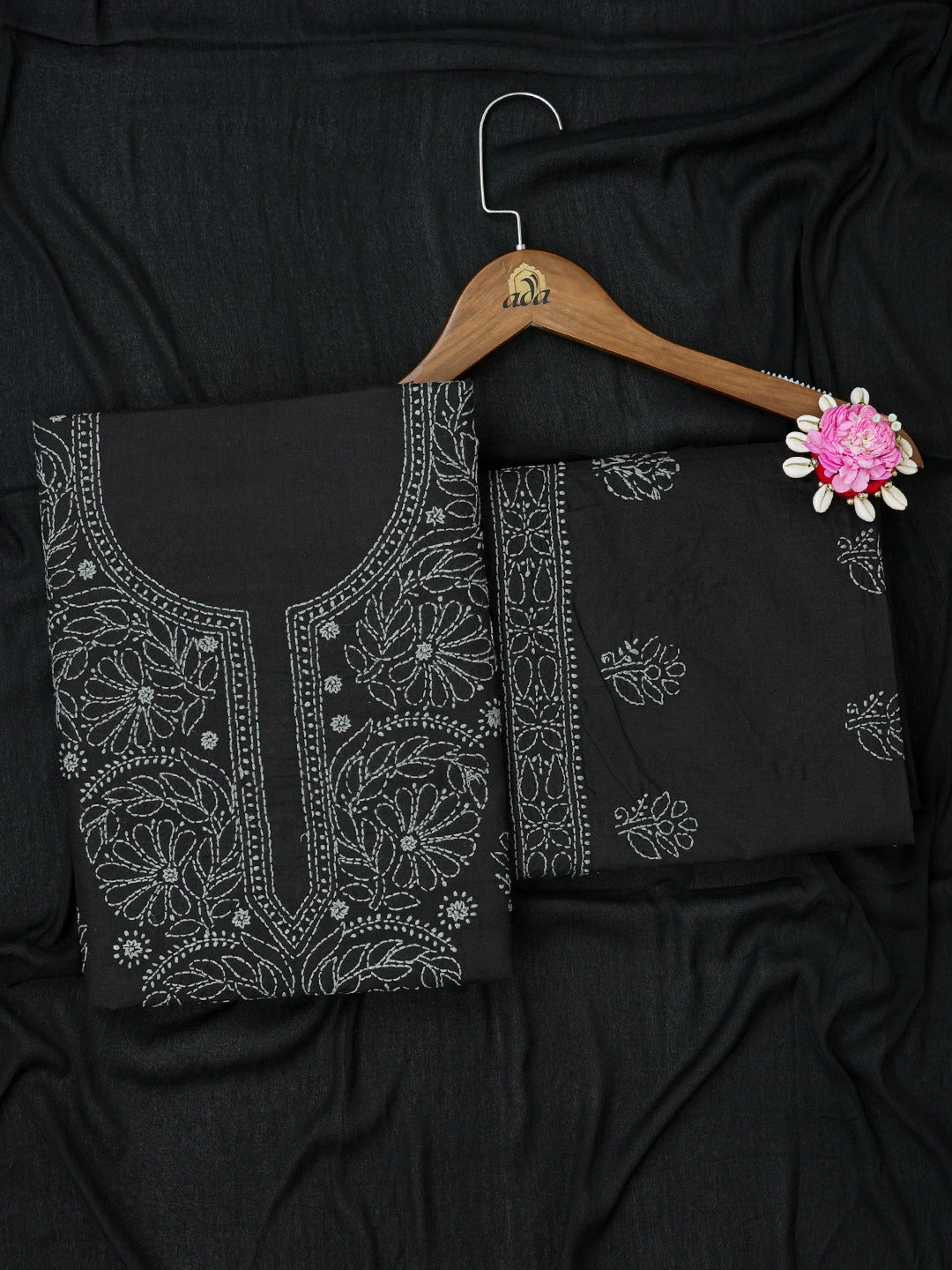 Ada Hand Embroidered Black Cotton Lucknowi Chikankari Unstitched Suit Piece 01A657310
