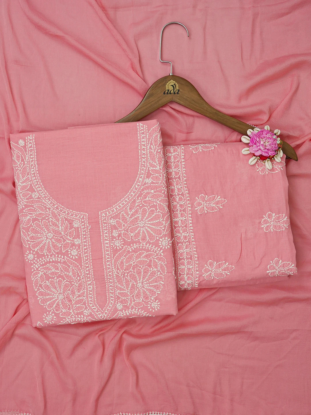 Ada Hand Embroidered Peach Cotton Lucknowi Chikankari Unstitched Suit Piece 01A657336