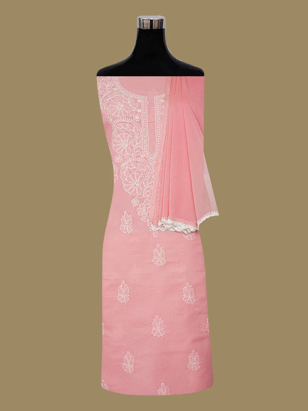 Ada Hand Embroidered Peach Cotton Lucknowi Chikankari Unstitched Suit Piece 01A657336