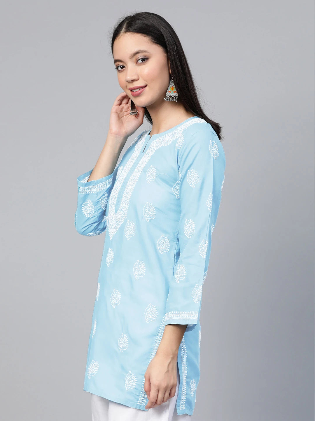 Ada Hand Embroidered Sky Blue Cotton Lucknowi Chikankari Short Kurti A911338