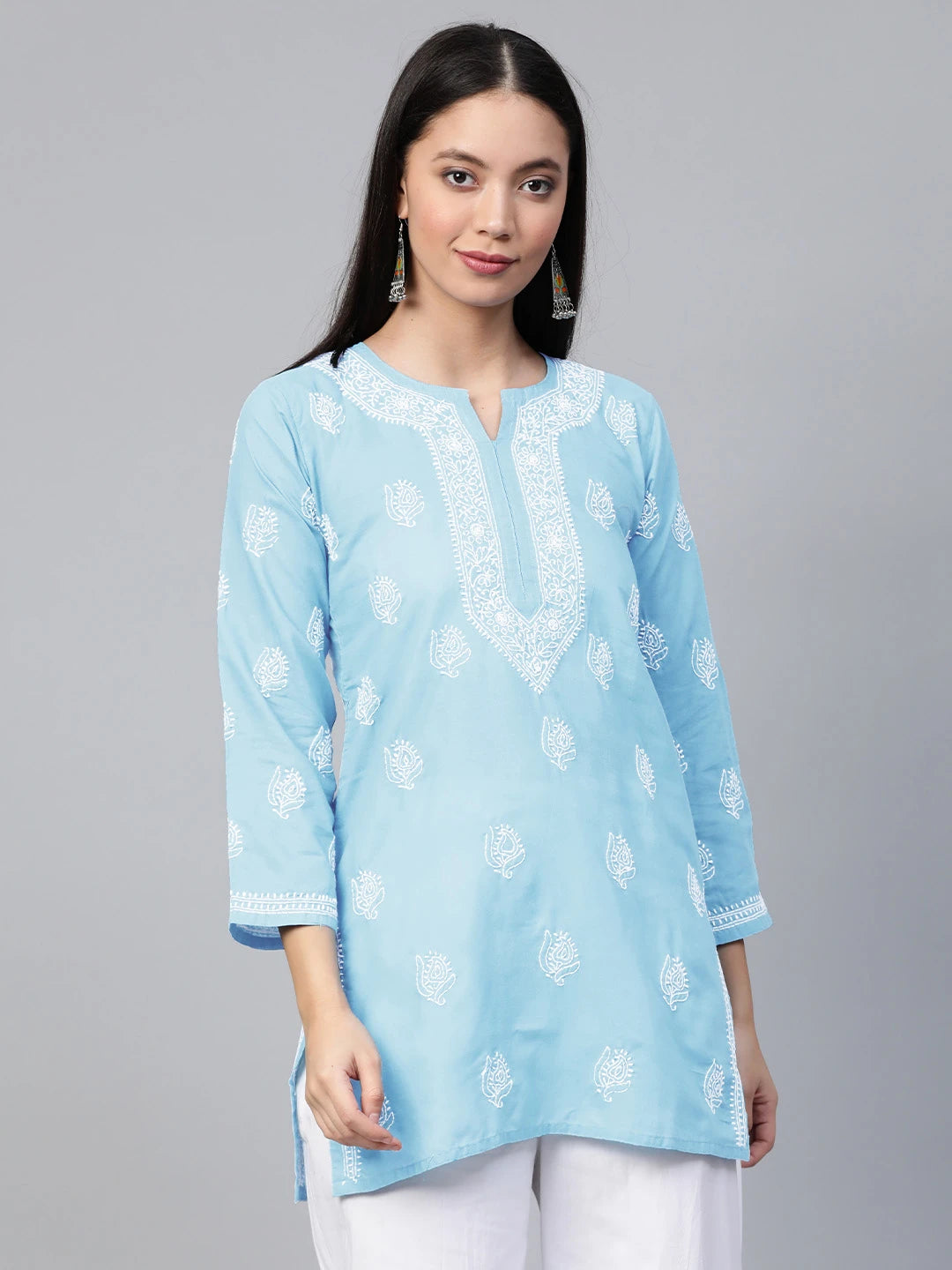 Ada Hand Embroidered Sky Blue Cotton Lucknowi Chikankari Short Kurti A911338