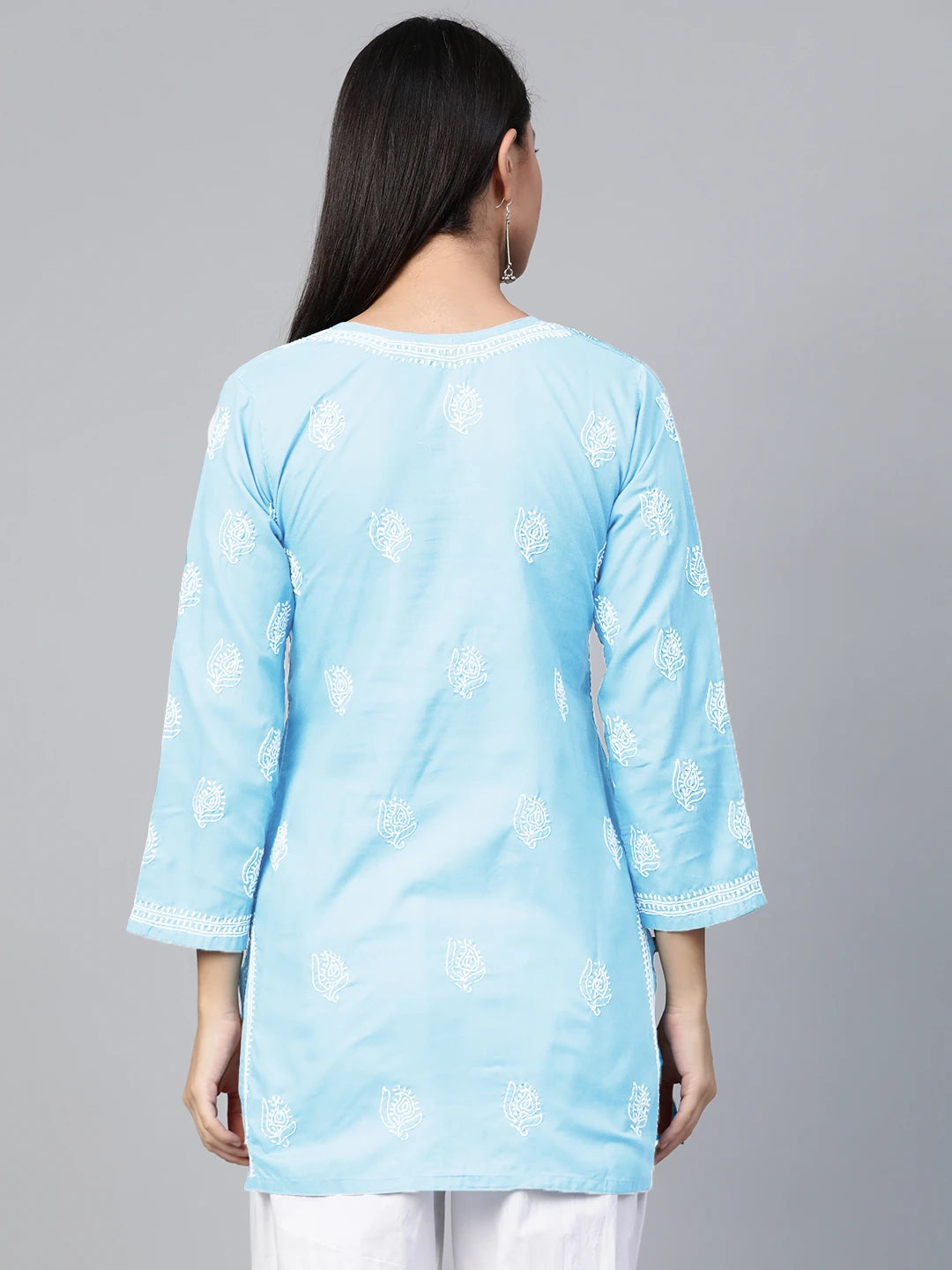 Ada Hand Embroidered Sky Blue Cotton Lucknowi Chikankari Short Kurti A911338