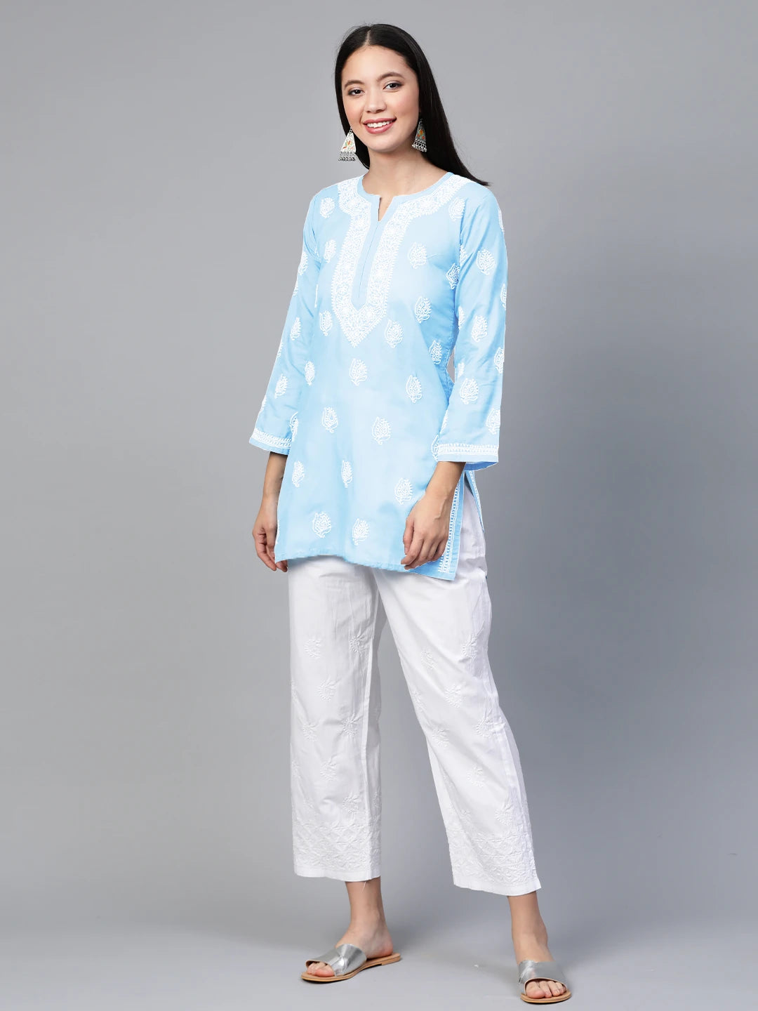 Ada Hand Embroidered Sky Blue Cotton Lucknowi Chikankari Short Kurti A911338
