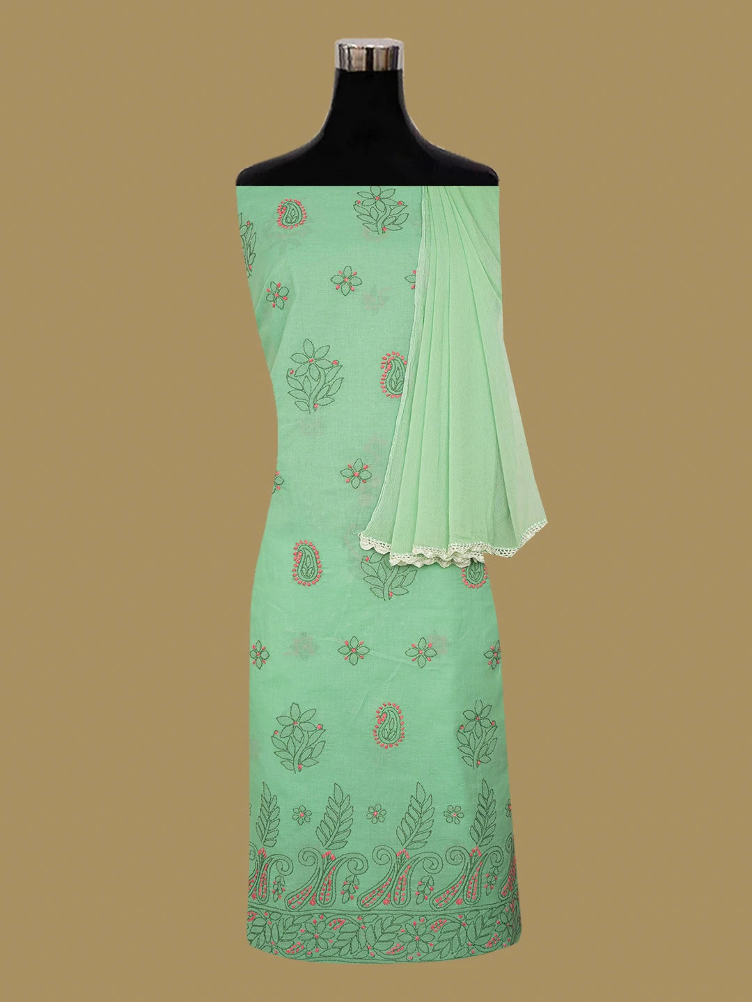 Ada Hand Embroidered Emerald Green Cotton Lucknowi Chikankari Unstitched Suit Piece 01A644877