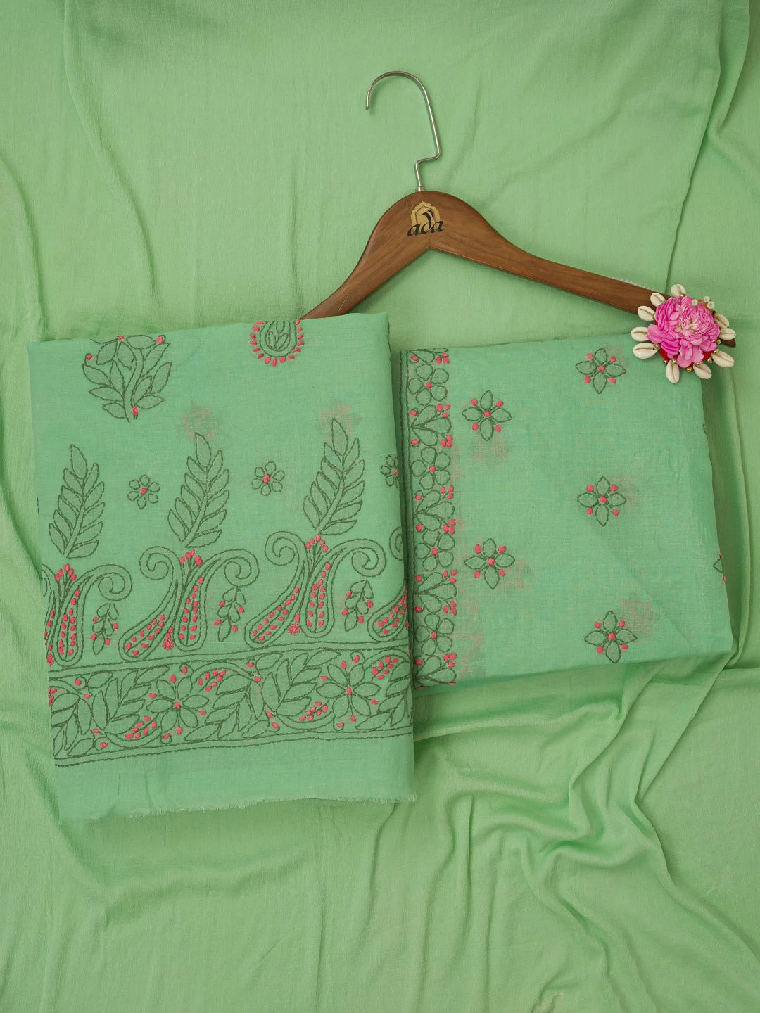 Ada Hand Embroidered Emerald Green Cotton Lucknowi Chikankari Unstitched Suit Piece 01A644877